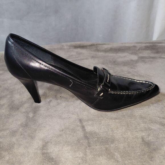 Franco Sarto Pump Heel Womens 8M Black Leather Pointed Toe High Stiletto Buckle - Picture 4 of 14